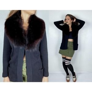 vintage 60s Black Real FOX Fur Collar CASHMERE CARDIGAN Medium real fur draped